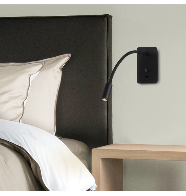 Senda 16/3835 Aplique Negro Texturado, LED 3W 3000K 315lm, CL.I, LED integrado, Orientable, Con interruptor, Con USB